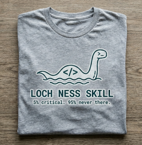 Grey t-shirt with a line-art Loch Ness monster forming a code glyph, text reading Loch Ness Skill, 5% critical, 95% never there.